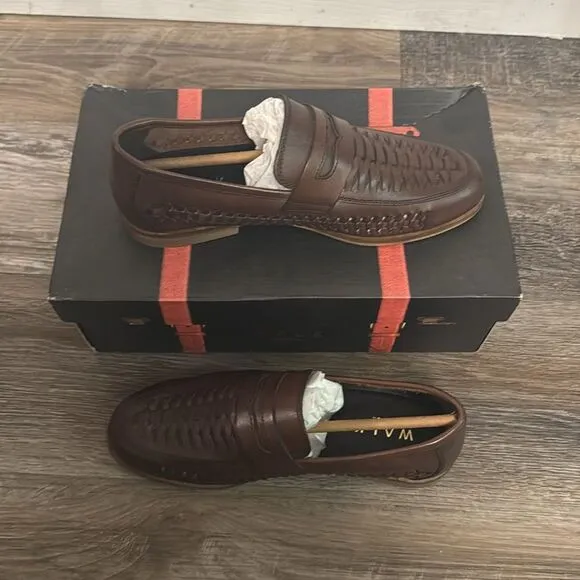 Walk London Men's Arrow Penny Woven Loafers Cow Swiss Brown Leather Size 8