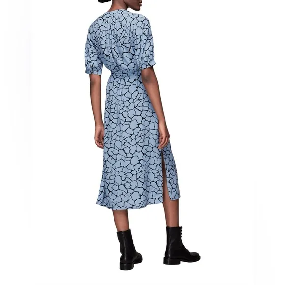 Whistles Dress Size 12 Olivia Giraffe Print Blue Midi Belted Pockets Button Up