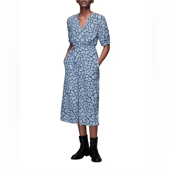 Whistles Dress Size 12 Olivia Giraffe Print Blue Midi Belted Pockets Button Up