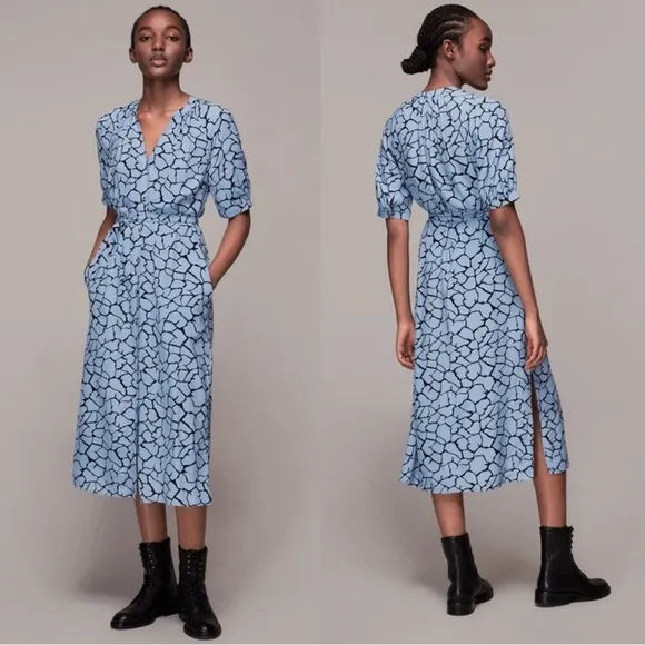 Whistles Dress Size 12 Olivia Giraffe Print Blue Midi Belted Pockets Button Up