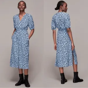 Whistles Dress Size 12 Olivia Giraffe Print Blue Midi Belted Pockets Button Up