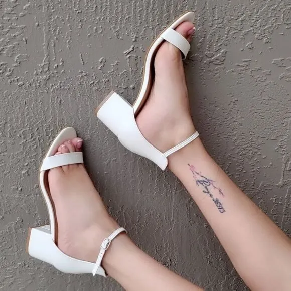 White Ankle Straps Low Chunky Heels Sandals