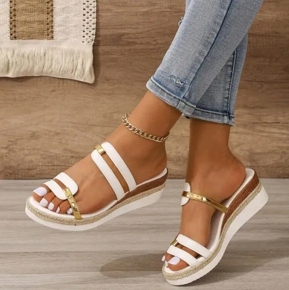 White Cross-Border Round Toe Open Toe Contrast Platform Wedge sandals