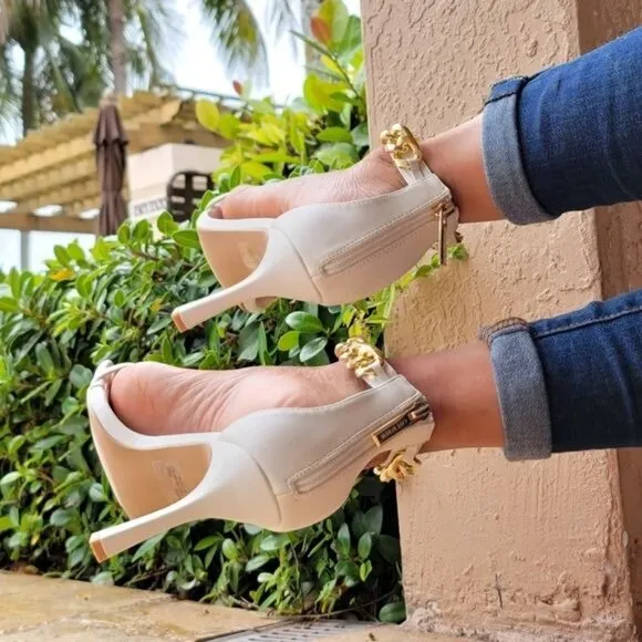 White‎ T Strap Open Toe Ankle Chain Heel