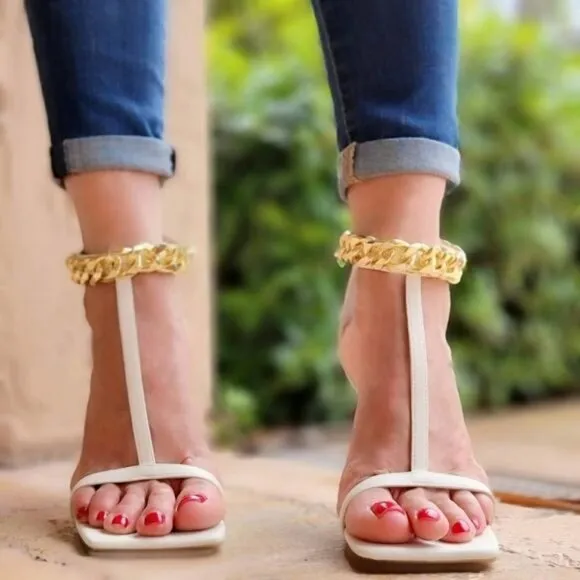 White‎ T Strap Open Toe Ankle Chain Heel