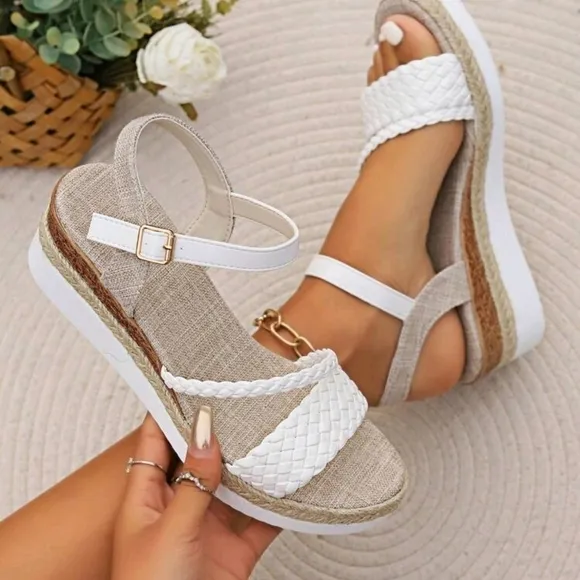 White Woven Strap Wedge Thick Platform Sandals With Jute Bottom And Cross Strap,