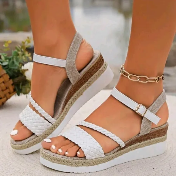 White Woven Strap Wedge Thick Platform Sandals With Jute Bottom And Cross Strap,