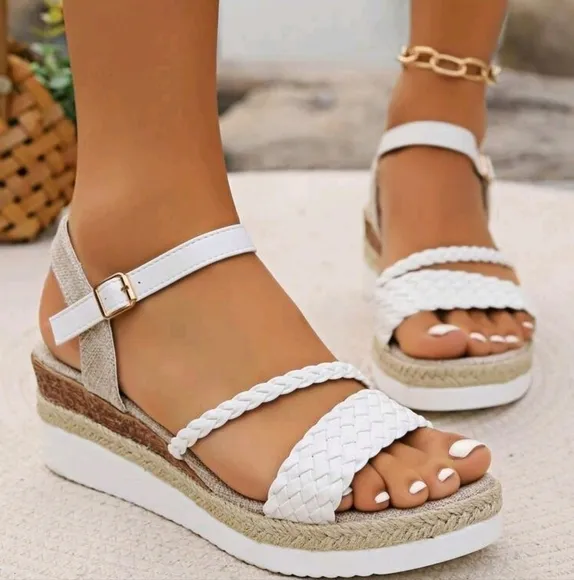 White Woven Strap Wedge Thick Platform Sandals With Jute Bottom And Cross Strap,