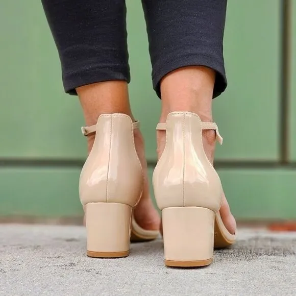 Women Ankle Straps Low Chunky Heels Sandals Beige‎ Color