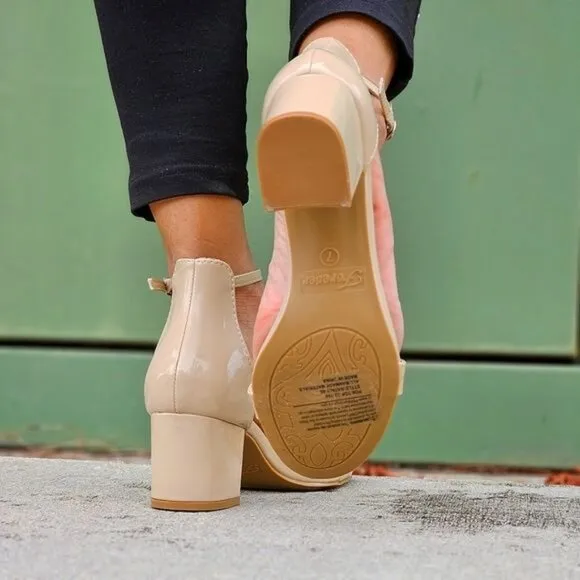 Women Ankle Straps Low Chunky Heels Sandals Beige‎ Color