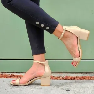 Women Ankle Straps Low Chunky Heels Sandals Beige‎ Color