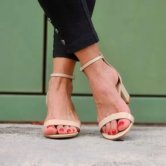 Women Ankle Straps Low Chunky Heels Sandals Beige‎ Color