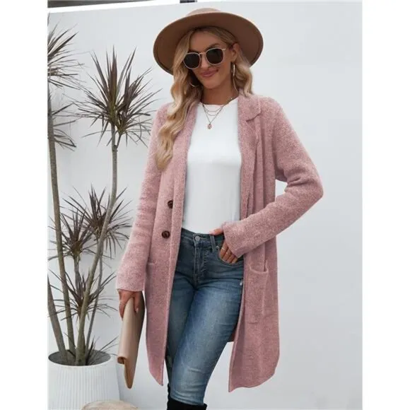Women Fall Long Cardigan Sweater Trendy Pink