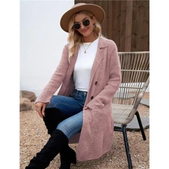 Women Fall Long Cardigan Sweater Trendy Pink