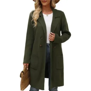 Women Fall Long Cardigan Sweater Trendy Pure Armygreen