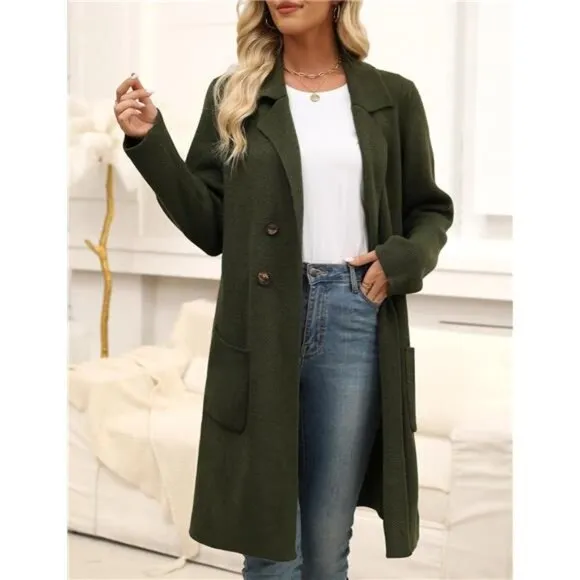 Women Fall Long Cardigan Sweater Trendy Pure Armygreen