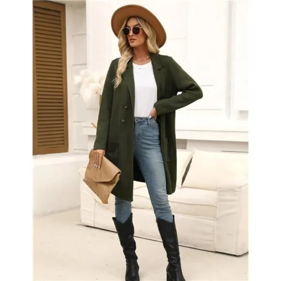 Women Fall Long Cardigan Sweater Trendy Pure Armygreen
