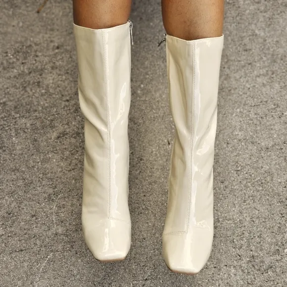 Women Mid Calf Square Toe Heel Boot Off White Color