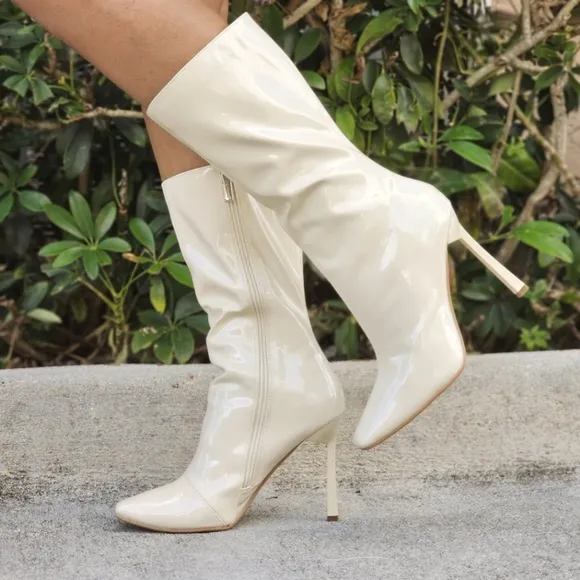 Women Mid Calf Square Toe Heel Boot Off White Color