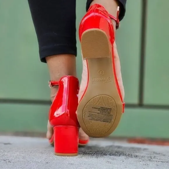 Women Ankle Straps Low Chunky Heels Sandals Red Color