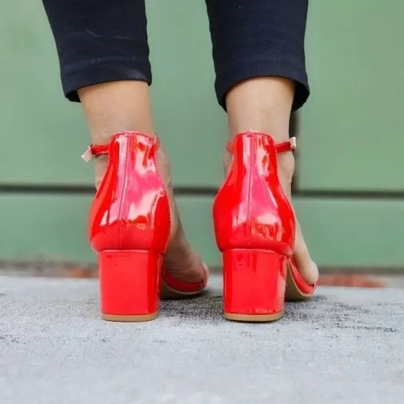 Women Ankle Straps Low Chunky Heels Sandals Red Color