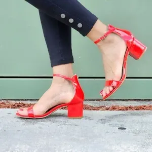 Women Ankle Straps Low Chunky Heels Sandals Red Color