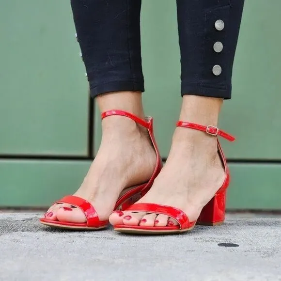 Women Ankle Straps Low Chunky Heels Sandals Red Color