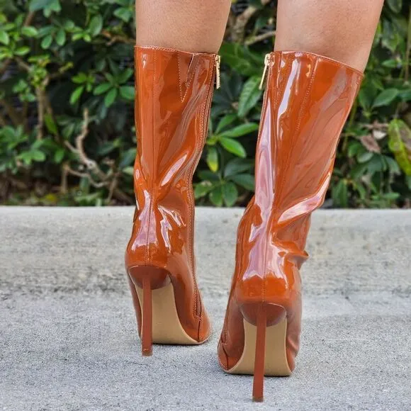 Women Mid Calf Square Toe Heel Boot Tan Color