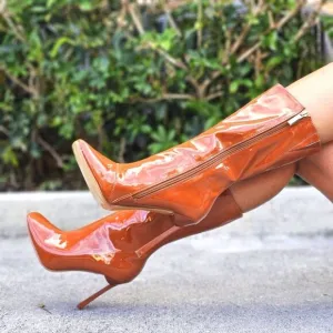 Women Mid Calf Square Toe Heel Boot Tan Color