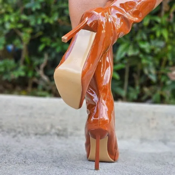 Women Mid Calf Square Toe Heel Boot Tan Color
