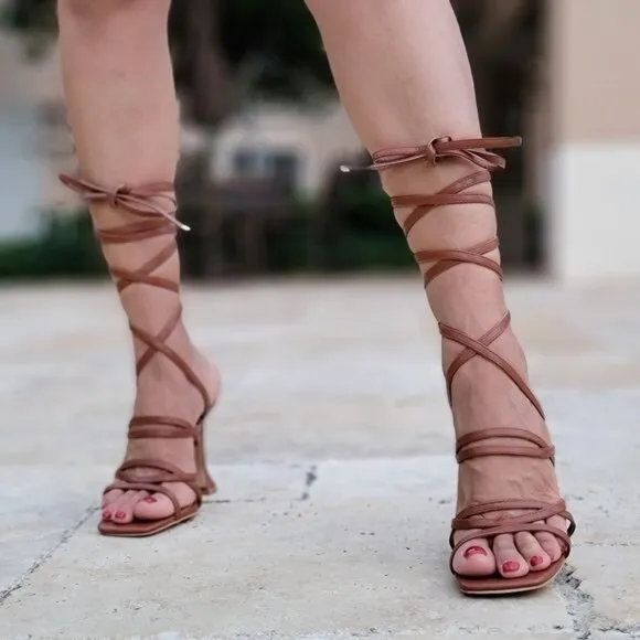 Women's Brown Strappy Pyramid Heel Gladiator Sandals
