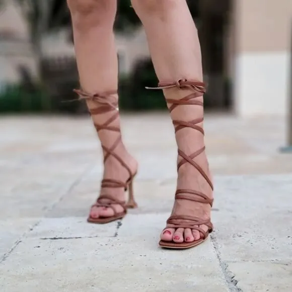 Women's Brown Strappy Pyramid Heel Gladiator Sandals