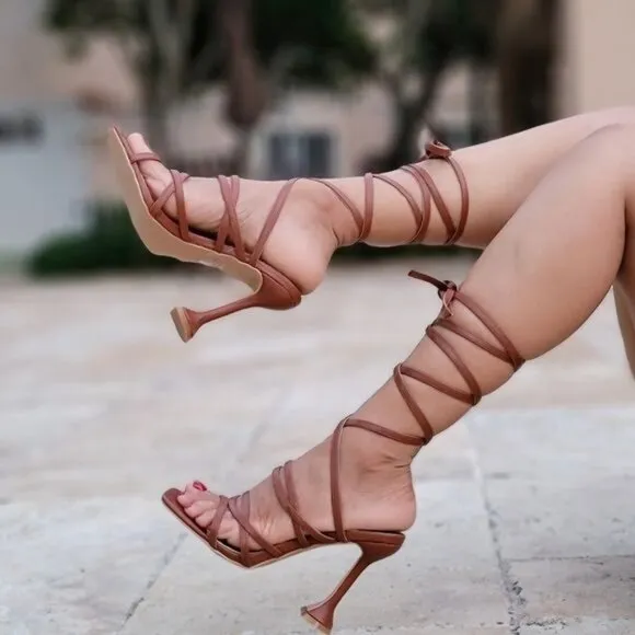 Women's Brown Strappy Pyramid Heel Gladiator Sandals