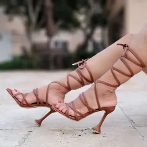 Women's Brown Strappy Pyramid Heel Gladiator Sandals