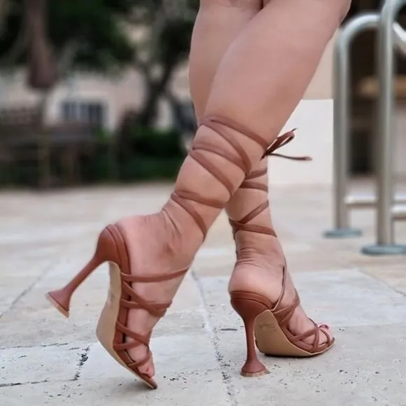 Women's Brown Strappy Pyramid Heel Gladiator Sandals