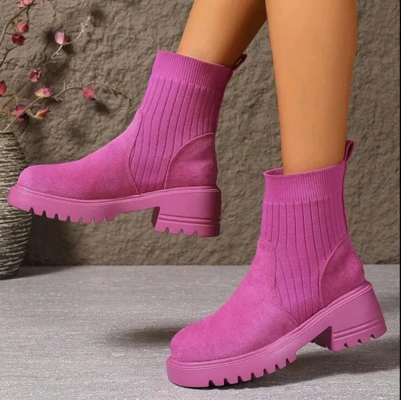 Women's Candy Color Elastic Pull-On Chunky Sole Comfortable Skinny Boots
