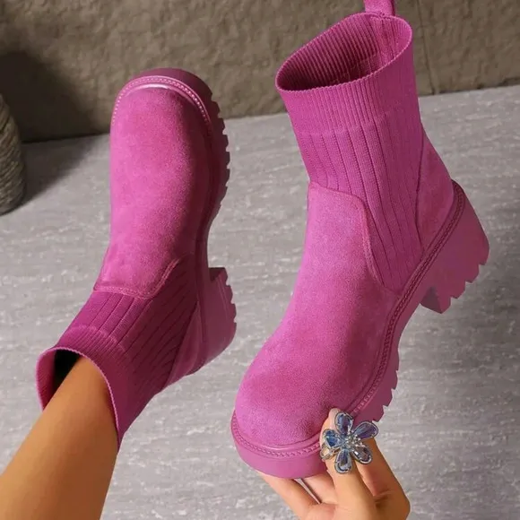 Women's Candy Color Elastic Pull-On Chunky Sole Comfortable Skinny Boots