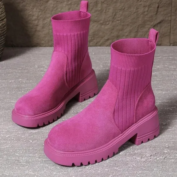 Women's Candy Color Elastic Pull-On Chunky Sole Comfortable Skinny Boots