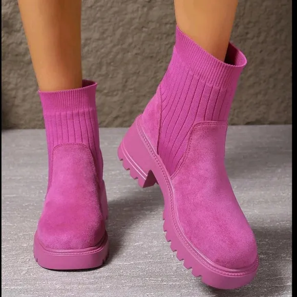 Women's Candy Color Elastic Pull-On Chunky Sole Comfortable Skinny Boots