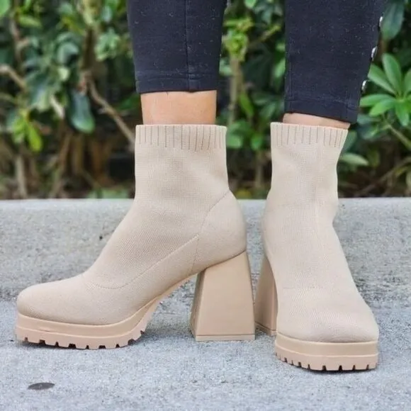 Women's Chunky Block Heel Sock Boots Nude Color