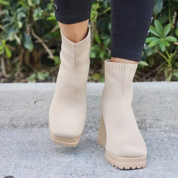 Women's Chunky Block Heel Sock Boots Nude Color