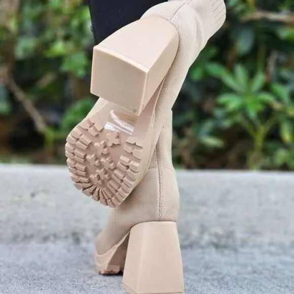 Women's Chunky Block Heel Sock Boots Nude Color