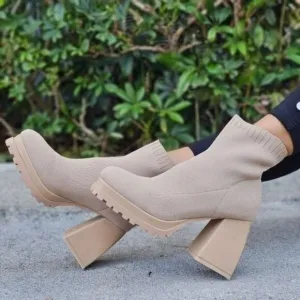 Women's Chunky Block Heel Sock Boots Nude Color