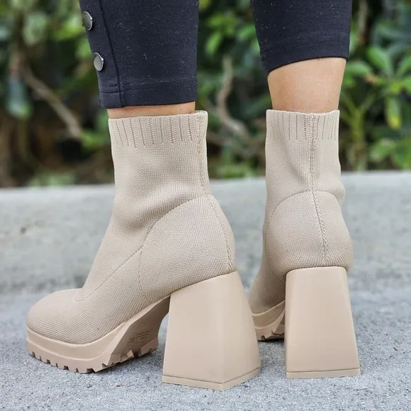 Women's Chunky Block Heel Sock Boots Nude Color