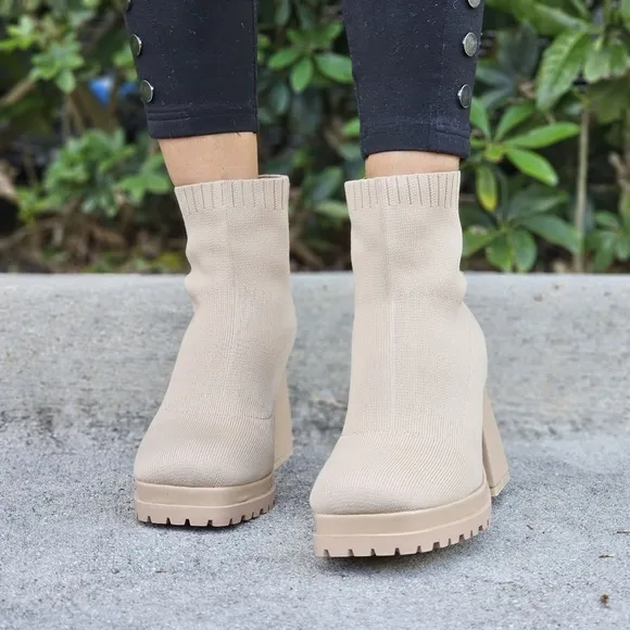 Women's Chunky Block Heel Sock Boots Nude Color