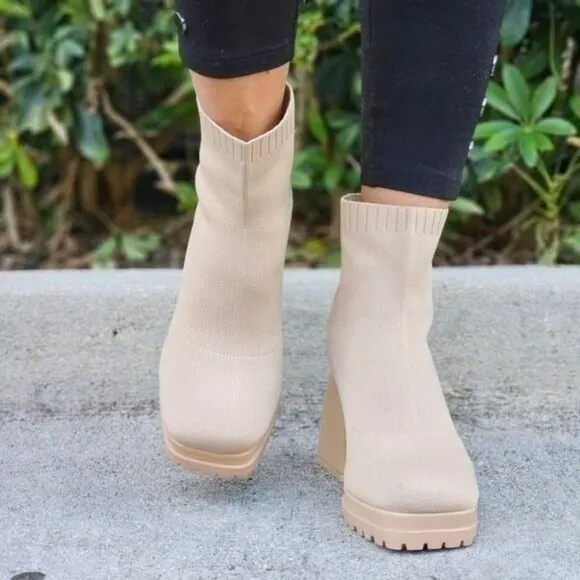 Women's Chunky Block Heel Sock Boots Nude Color