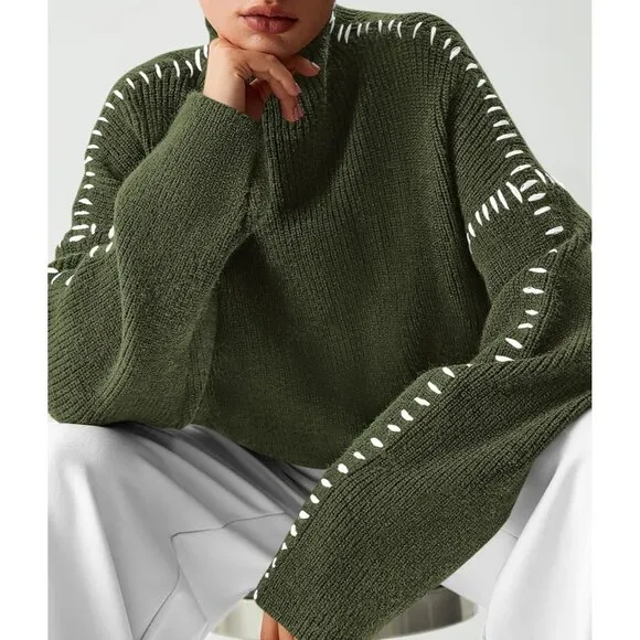 Women's Chunky Knit  Casual Long Sleeve Mock Neck Loose Pullover Sweater Tops