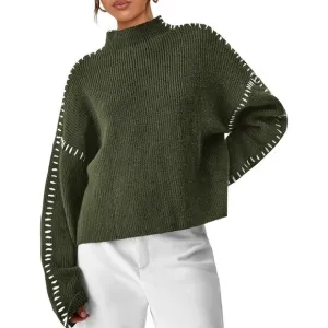 Women's Chunky Knit  Casual Long Sleeve Mock Neck Loose Pullover Sweater Tops