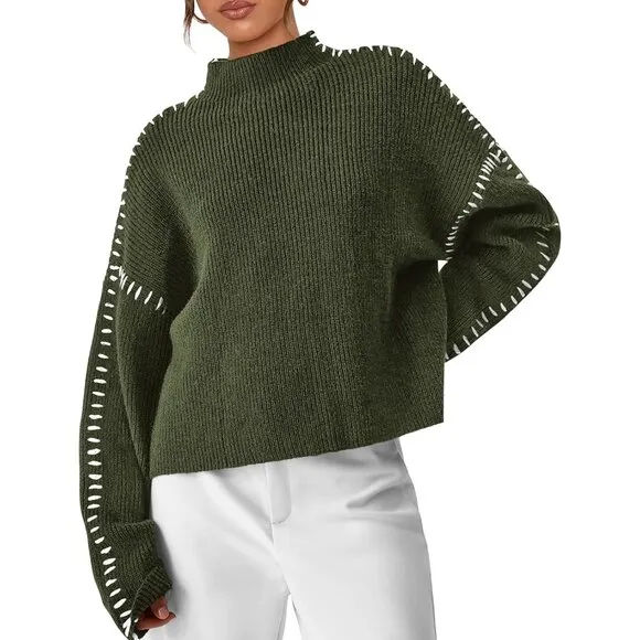 Women's Chunky Knit  Casual Long Sleeve Mock Neck Loose Pullover Sweater Tops