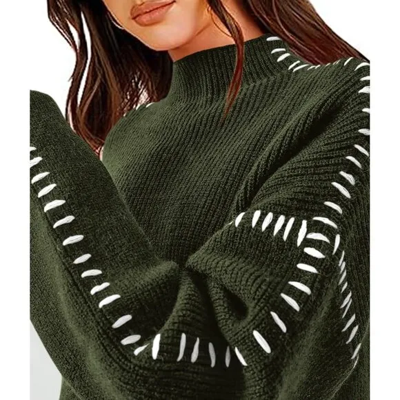Women's Chunky Knit  Casual Long Sleeve Mock Neck Loose Pullover Sweater Tops